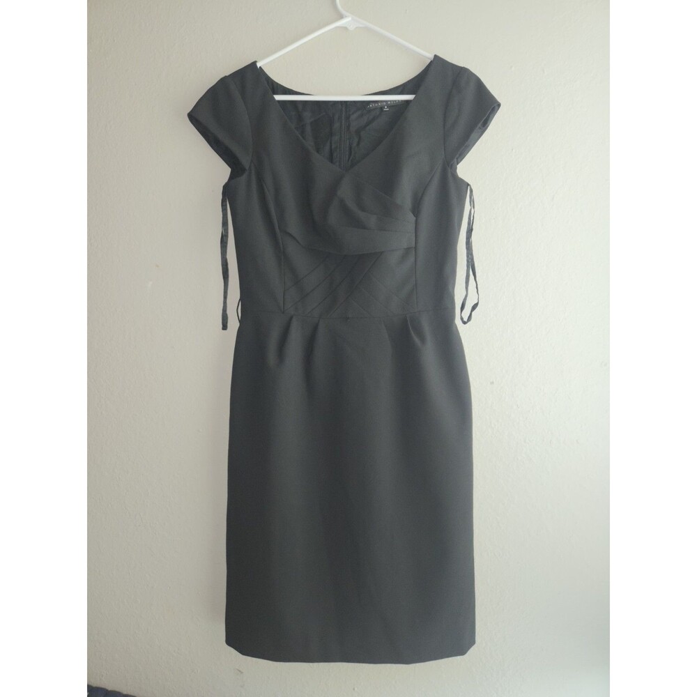 Antonio Melani Black Sheath Dress Size 6 Formal Pleated Cap Sleeve Office Party